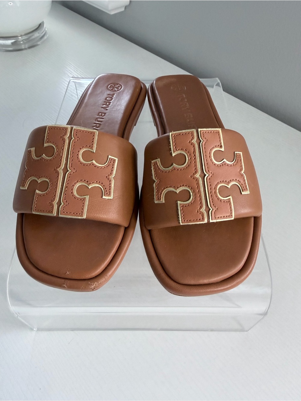 Tory Burch Leather Slide Sandals in Cognac with Gold Logo size 6.5